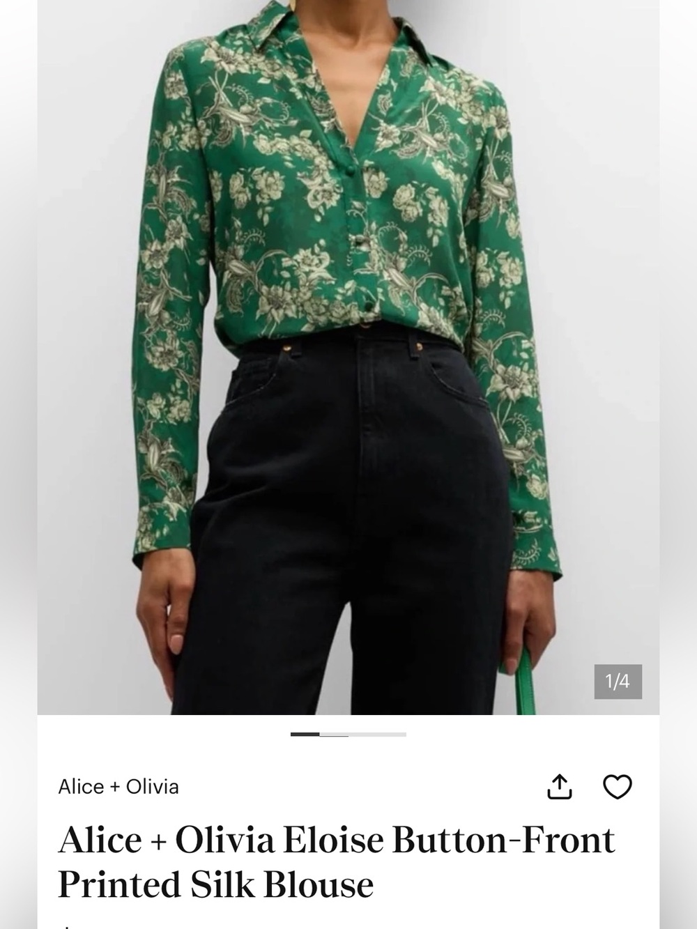 Alice + Olivia Eloise Green Floral 100% Silk Button Down Blouse M